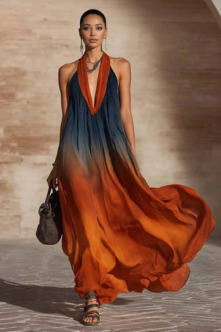 Vestido largo sin tirantes con cuello en V y degradado de color