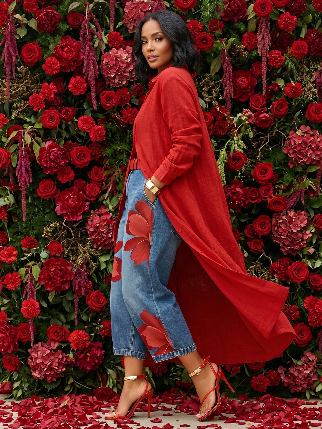 AMALIA | Jeans Casual con Estampado Artístico Rojo