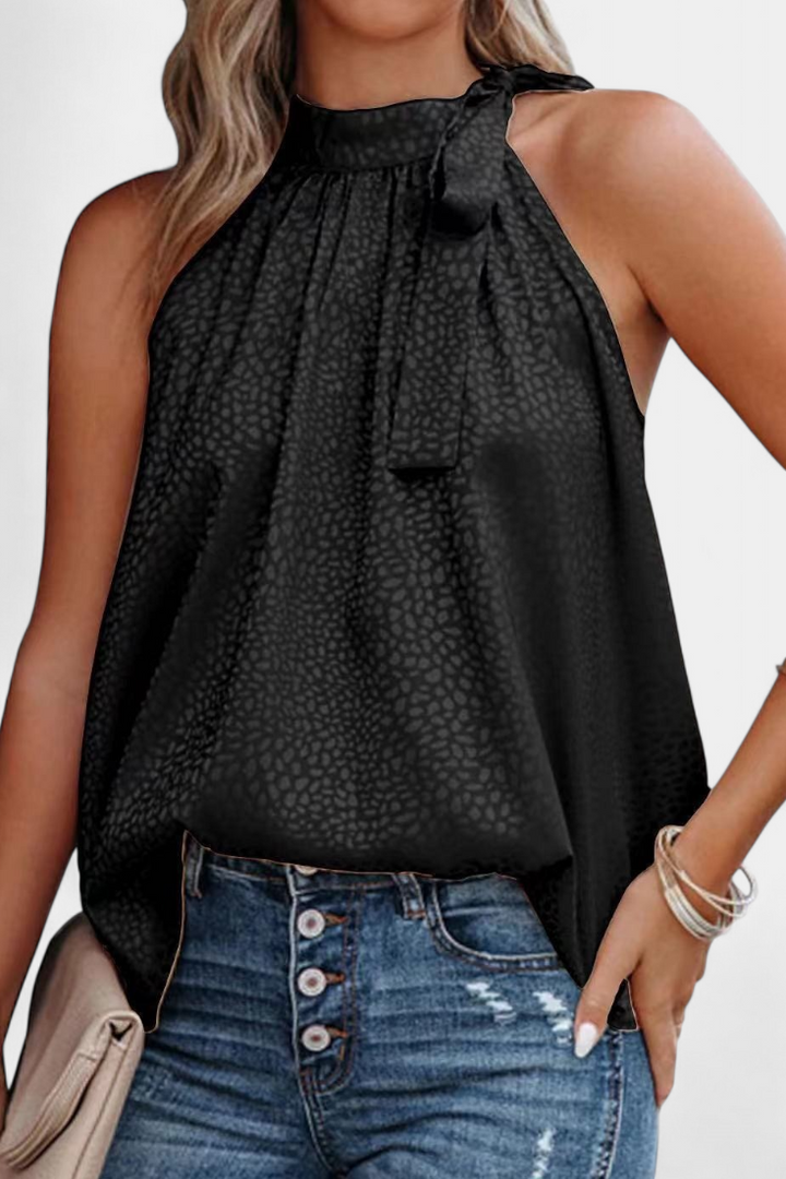 Adela | Top sin Mangas de Leopardo con Cuello Alto y Lazo