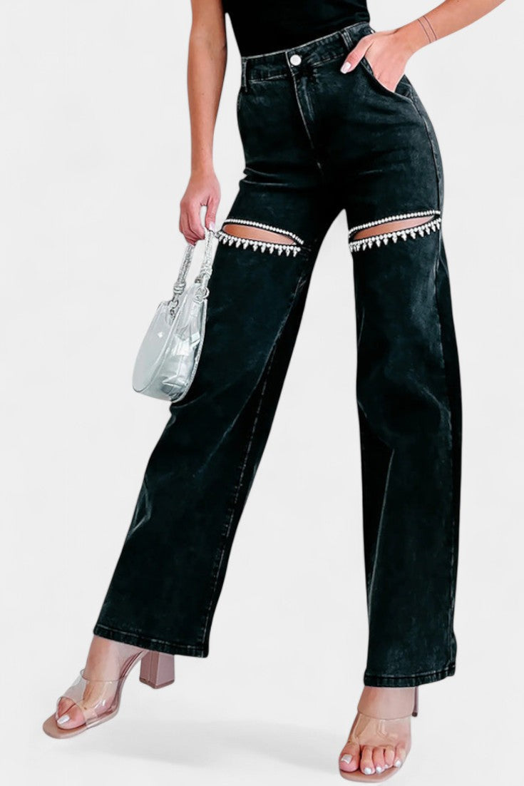 Evian Jeans Ripped Straight-Leg con Rhinestones