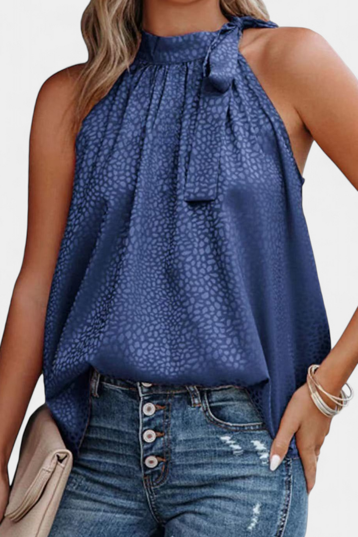 Adela | Top sin Mangas de Leopardo con Cuello Alto y Lazo