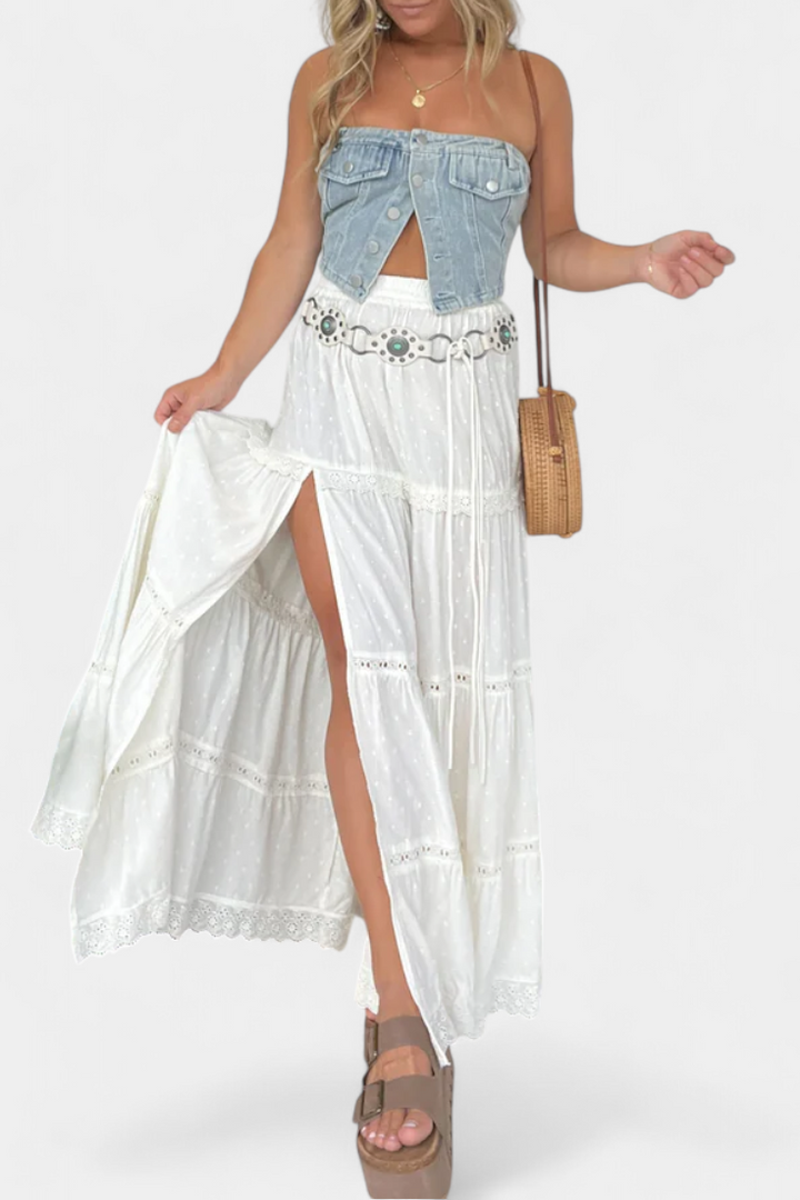 Dola Falda Maxi Boho con Encaje y Abertura Frontal