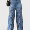 Jasiel Pantalón Palazzo de Encaje Denim con Bordado Floral