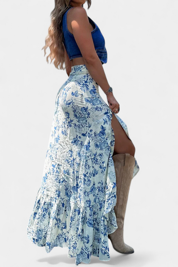 Kala Falda Maxi Floral con Abertura y Volantes
