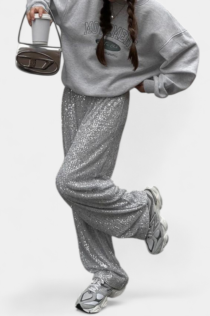Elva Pantalones de Lentejuelas de Cintura Alta y Corte Holgado