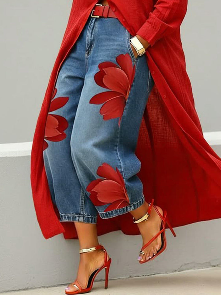 AMALIA | Jeans Casual con Estampado Artístico Rojo
