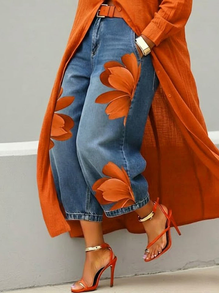 AMALIA | Jeans Casual con Estampado Artístico Naranja