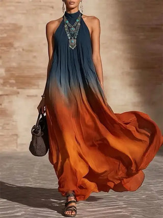 Vestido largo sin tirantes con cuello en V y degradado de color