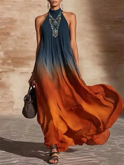 Vestido largo sin tirantes con cuello en V y degradado de color