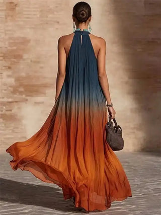 Vestido largo sin tirantes con cuello en V y degradado de color