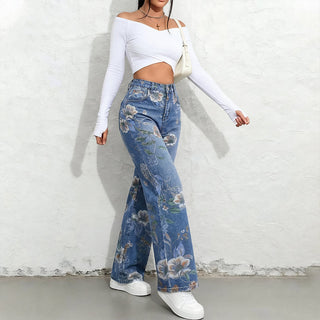 FLOR  | Jeans de Pierna Recta con Estampado Floral